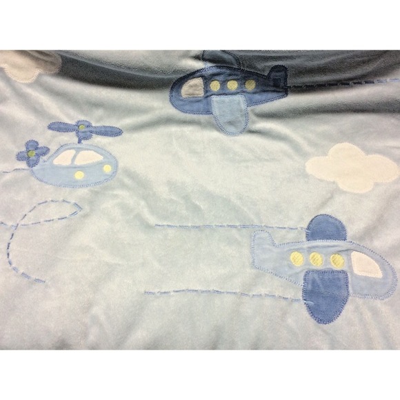 Just One Year Boy Baby Blanket Blue Green Helicopter Airplane Appliqué 38 x 30 - Picture 2 of 4